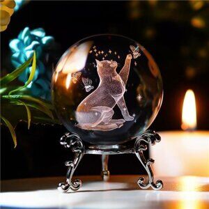 60mm Cat Crystal Ball with Stand 3D Laser Engraved Animal Figurines Glass Globe